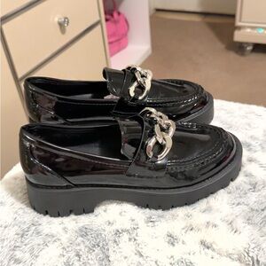 Forever 21 Black Patent Loafers with Silver Chain